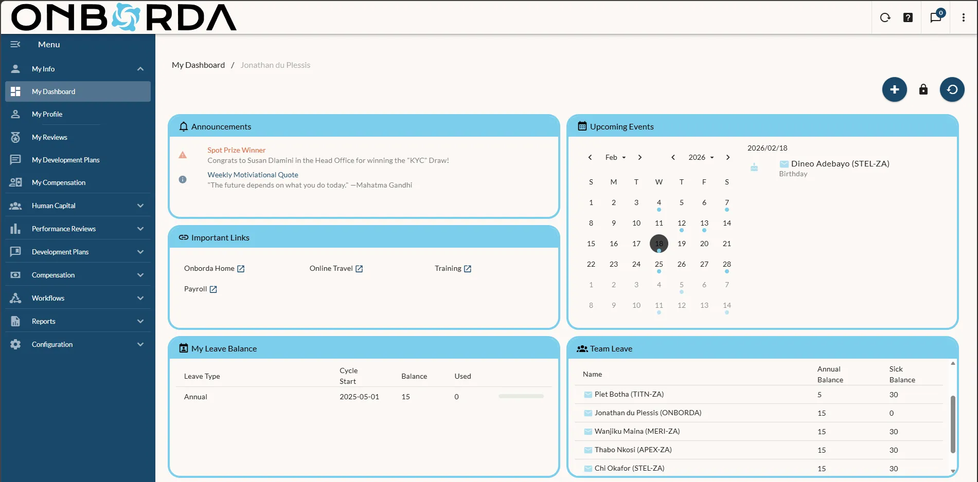 Onborda My Dashboard with announcements, upcoming events, leave balance, and team calendar