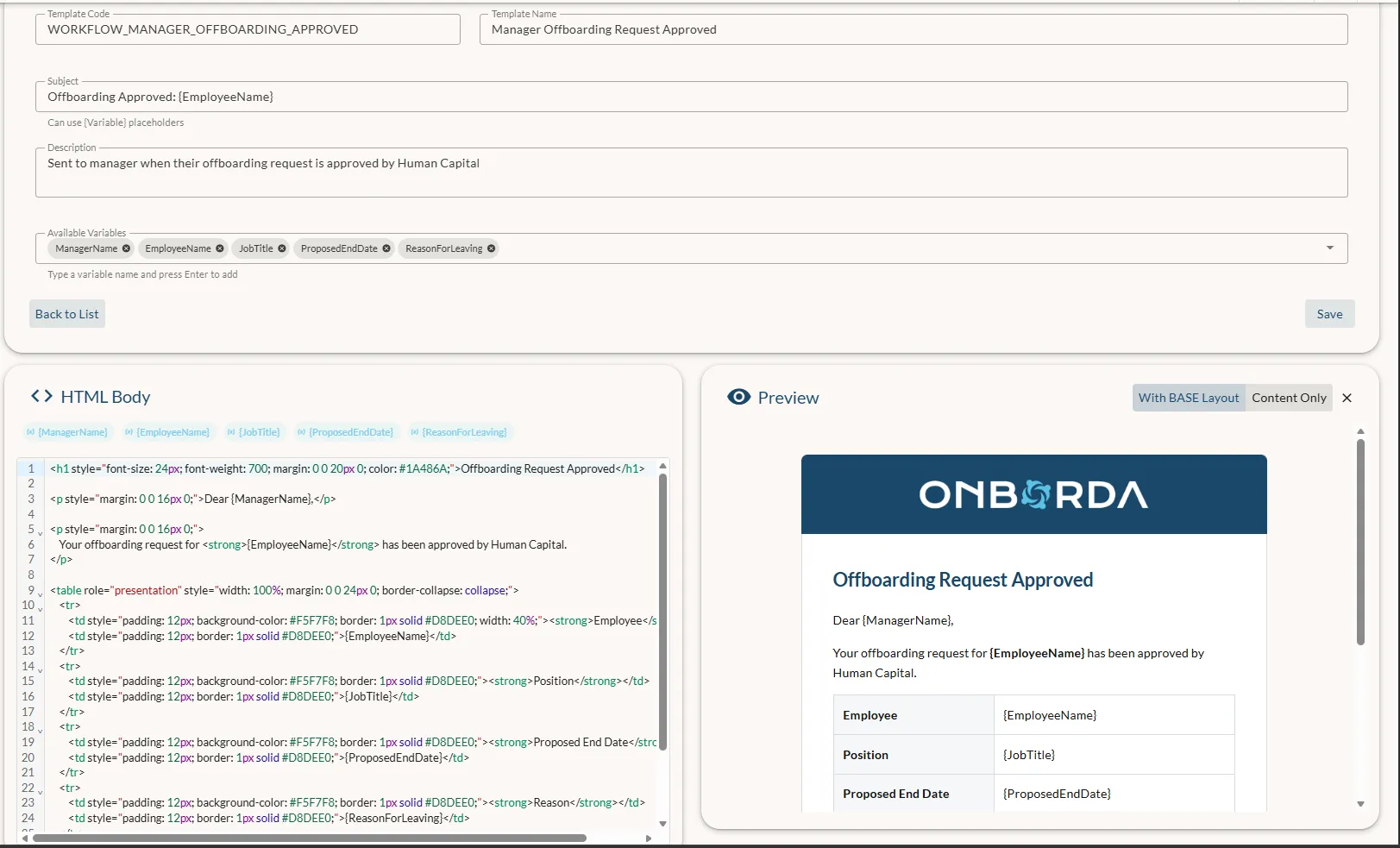 Onborda email template editor with HTML body, merge-field placeholders, and a live brand-styled preview
