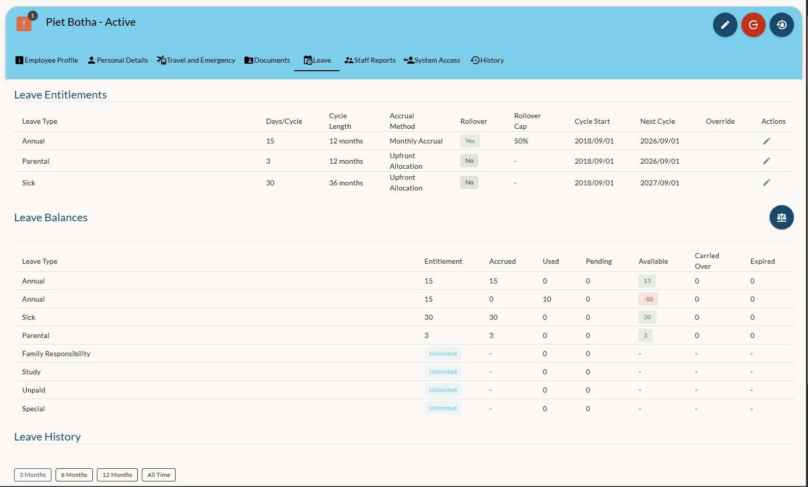 Onborda staff profile leave tab with entitlements, balances, accrual method, rollover, and history