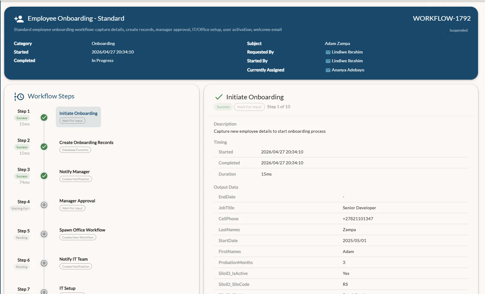 Onborda employee onboarding workflow showing stepped progress and per-step output data