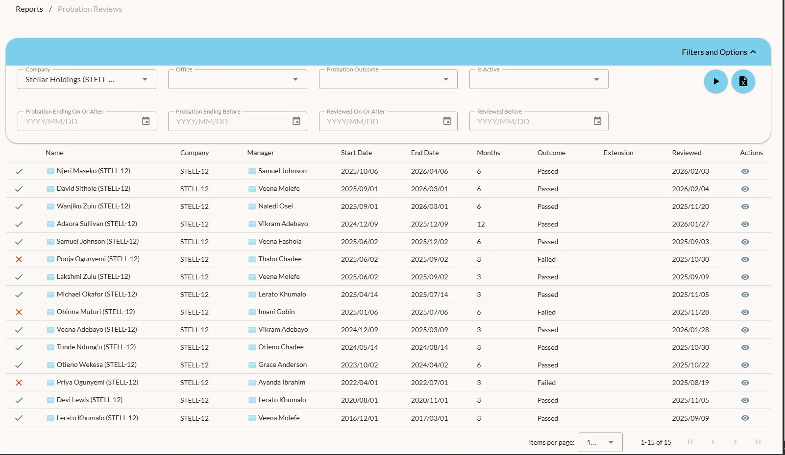 Onborda Probation Reviews report with company, office, outcome, and date filters and an exportable result grid