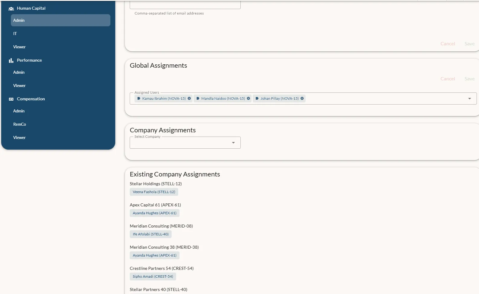 Onborda role permissions screen with module-level Admin/IT/Viewer roles, global assignments, and per-company assignments