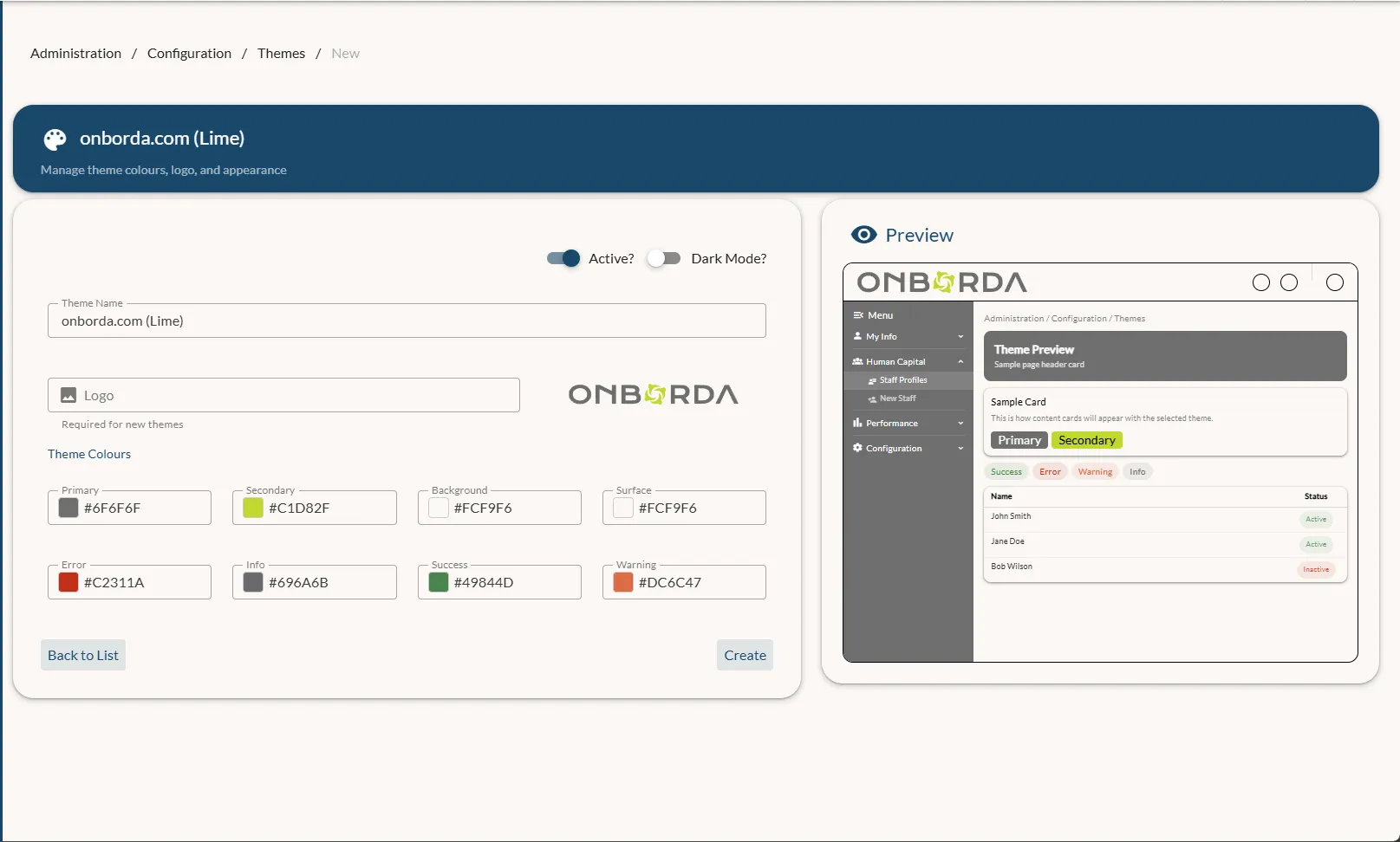 Onborda theme builder with primary, secondary, status colour pickers, dark-mode toggle, and live preview pane