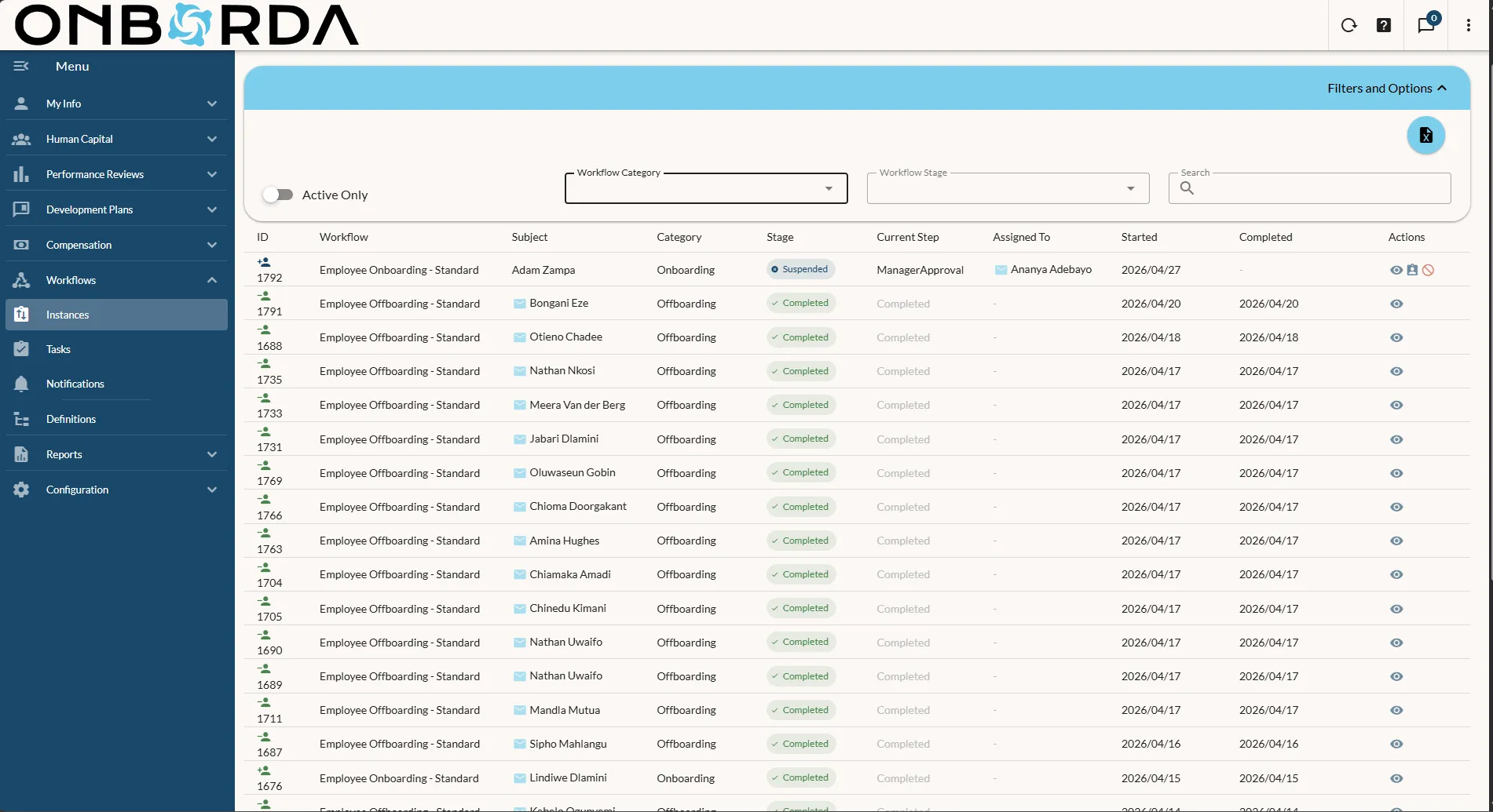 Onborda workflow instances queue with category and stage filters, current assignee, and timestamps